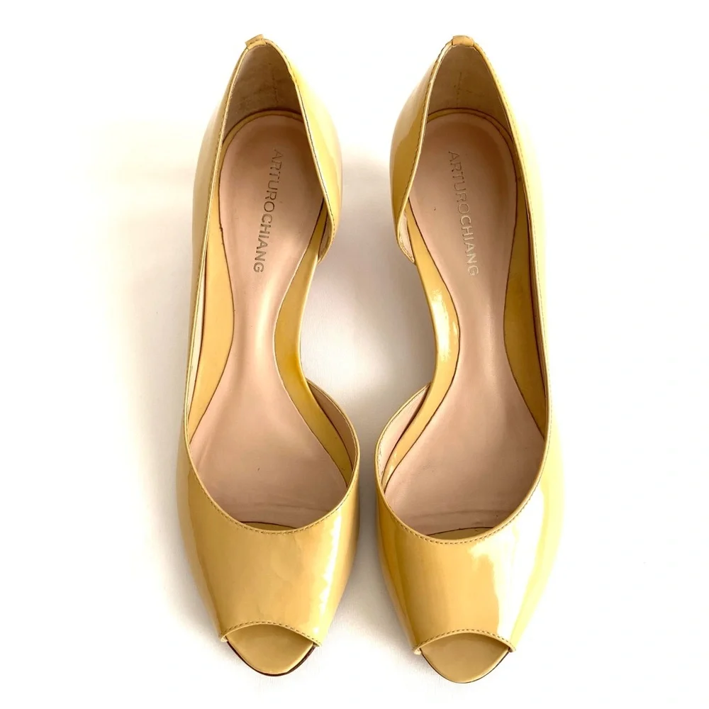Arturo Chiang Talitha Dijon Yellow Patent Peep Toe Cork Wedge Heels, Size 9M